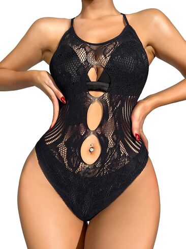 OYOANGLE Women's Sparkly Rhinestone Fishnet Mesh Cut Out Exotic Teddy Bodysuit One Piece Mini Babydoll in Saudi Arabia