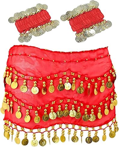 Belly Dance Hip Scarf with Bracelet, 128 Coins Belly Dance Skirt Wrap Belt, Zumba Yoga Dance Skirt Belt Waist Chain in Saudi Arabia