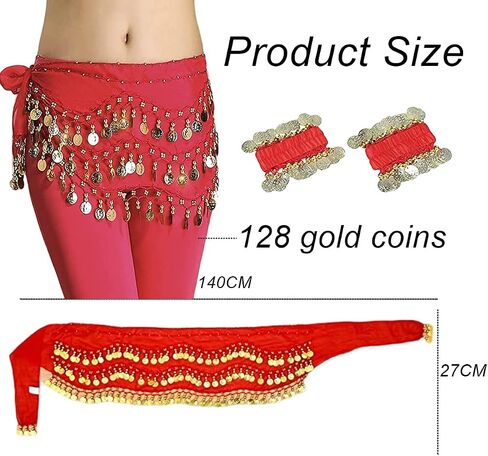 Belly Dance Hip Scarf with Bracelet, 128 Coins Belly Dance Skirt Wrap Belt, Zumba Yoga Dance Skirt Belt Waist Chain in Saudi Arabia