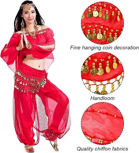 Belly Dance Hip Scarf with Bracelet, 128 Coins Belly Dance Skirt Wrap Belt, Zumba Yoga Dance Skirt Belt Waist Chain in Saudi Arabia