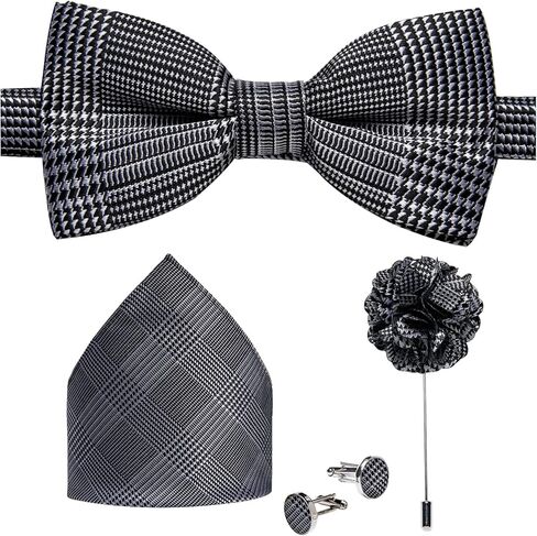 DiBanGu Men's Silk Pretied Bow Ties Adjustable Black White Houndstooth Bowtie and Lapel Pin Handky Cufflinks Set for Husband Wedding in Saudi Arabia