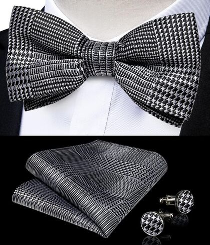 DiBanGu Men's Silk Pretied Bow Ties Adjustable Black White Houndstooth Bowtie and Lapel Pin Handky Cufflinks Set for Husband Wedding in Saudi Arabia