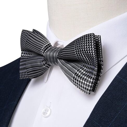 DiBanGu Men's Silk Pretied Bow Ties Adjustable Black White Houndstooth Bowtie and Lapel Pin Handky Cufflinks Set for Husband Wedding in Saudi Arabia