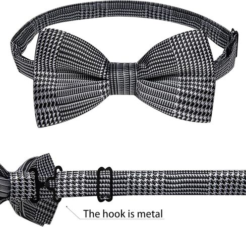 DiBanGu Men's Silk Pretied Bow Ties Adjustable Black White Houndstooth Bowtie and Lapel Pin Handky Cufflinks Set for Husband Wedding in Saudi Arabia