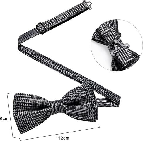 DiBanGu Men's Silk Pretied Bow Ties Adjustable Black White Houndstooth Bowtie and Lapel Pin Handky Cufflinks Set for Husband Wedding in Saudi Arabia