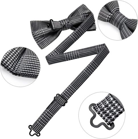 DiBanGu Men's Silk Pretied Bow Ties Adjustable Black White Houndstooth Bowtie and Lapel Pin Handky Cufflinks Set for Husband Wedding in Saudi Arabia