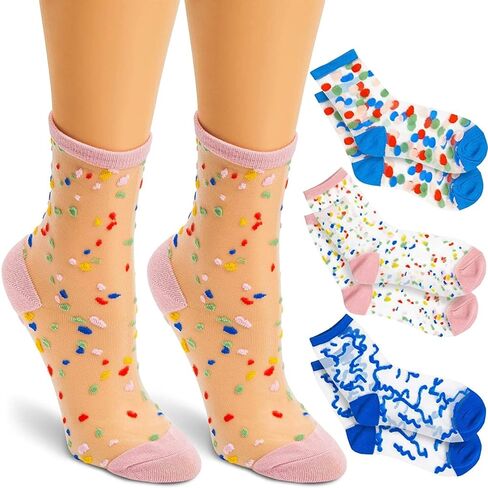 Zodaca 3 Pairs Transparent Ankle Socks, Sheer Pattern Socks for Women (3 Designs, One Size Fits Most) in Kuwait