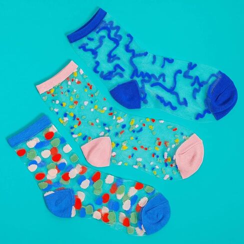 Zodaca 3 Pairs Transparent Ankle Socks, Sheer Pattern Socks for Women (3 Designs, One Size Fits Most) in Kuwait