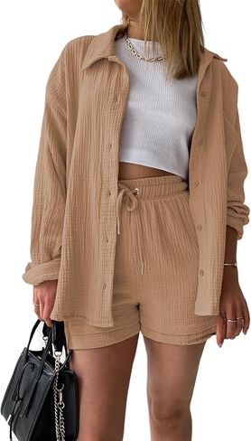 MISSFASHION قطعتين ملابس للنساء قمصان طويلة الأكمام وشورتات مجموعات القطن الكتان صالة مجموعات in Kuwait