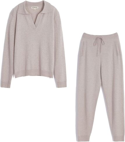 طقم بدلة رياضية نسائية محبوكة من الكشمير من GreenMount مكونة من قطعتين، بلوفر بولو عميق على شكل حرف V وبنطلون رياضي يحافظ على دفء 37.5 درجة (كاكي، M) in Kuwait