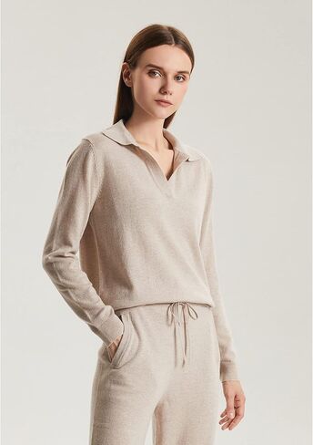 طقم بدلة رياضية نسائية محبوكة من الكشمير من GreenMount مكونة من قطعتين، بلوفر بولو عميق على شكل حرف V وبنطلون رياضي يحافظ على دفء 37.5 درجة (كاكي، M) in Kuwait