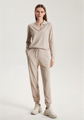 طقم بدلة رياضية نسائية محبوكة من الكشمير من GreenMount مكونة من قطعتين، بلوفر بولو عميق على شكل حرف V وبنطلون رياضي يحافظ على دفء 37.5 درجة (كاكي، M) in Kuwait