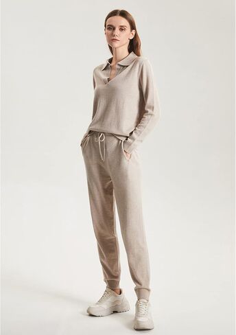 طقم بدلة رياضية نسائية محبوكة من الكشمير من GreenMount مكونة من قطعتين، بلوفر بولو عميق على شكل حرف V وبنطلون رياضي يحافظ على دفء 37.5 درجة (كاكي، M) in Kuwait