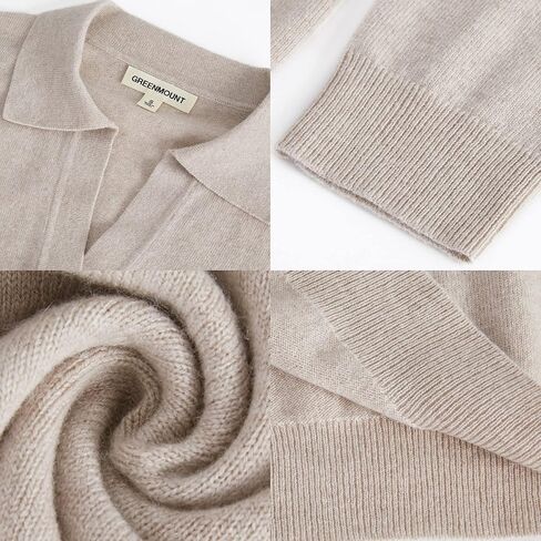 طقم بدلة رياضية نسائية محبوكة من الكشمير من GreenMount مكونة من قطعتين، بلوفر بولو عميق على شكل حرف V وبنطلون رياضي يحافظ على دفء 37.5 درجة (كاكي، M) in Kuwait