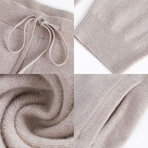 طقم بدلة رياضية نسائية محبوكة من الكشمير من GreenMount مكونة من قطعتين، بلوفر بولو عميق على شكل حرف V وبنطلون رياضي يحافظ على دفء 37.5 درجة (كاكي، M) in Kuwait