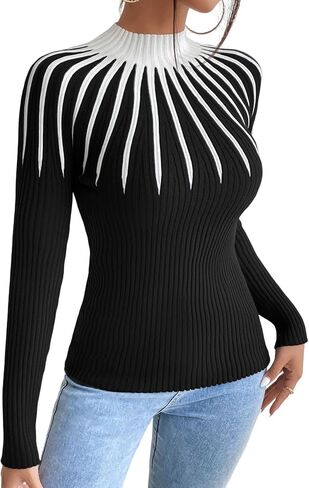 SOLY HUX Women's Color Block Mock Neck Sweater Long Sleeve Rib Knit Fitted Pullover Shirt Tops in Saudi Arabia
