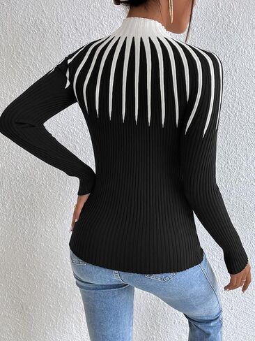 SOLY HUX Women's Color Block Mock Neck Sweater Long Sleeve Rib Knit Fitted Pullover Shirt Tops in Saudi Arabia