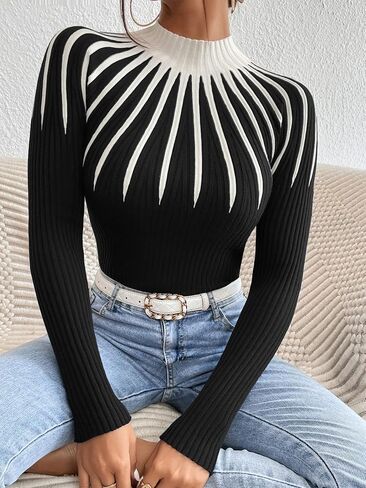 SOLY HUX Women's Color Block Mock Neck Sweater Long Sleeve Rib Knit Fitted Pullover Shirt Tops in Saudi Arabia