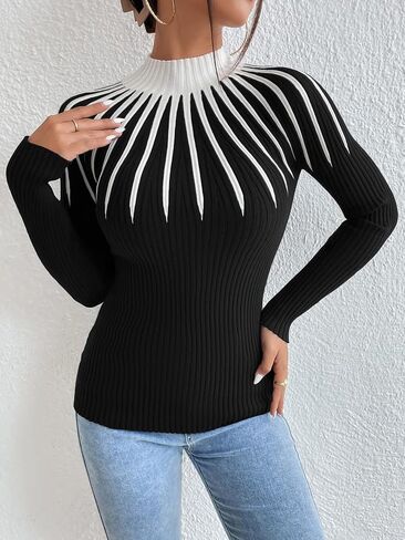 SOLY HUX Women's Color Block Mock Neck Sweater Long Sleeve Rib Knit Fitted Pullover Shirt Tops in Saudi Arabia
