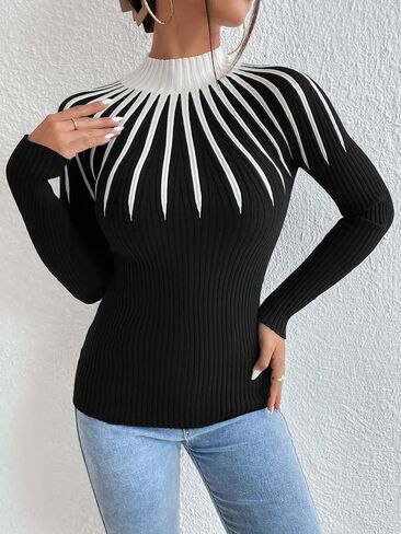 SOLY HUX Women's Color Block Mock Neck Sweater Long Sleeve Rib Knit Fitted Pullover Shirt Tops in Saudi Arabia