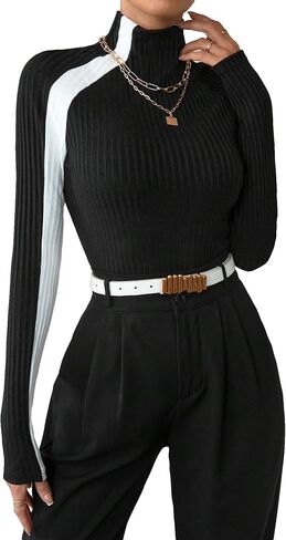 SOLY HUX Women's Color Block Mock Neck Sweater Long Sleeve Rib Knit Fitted Pullover Shirt Tops in Saudi Arabia
