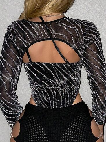 OYOANGLE Women's Cut Out Glitter Mesh Asymmetrical Neck Slim Fit Bodysuit Graphic High Cut Long Sleeve Tops in Saudi Arabia