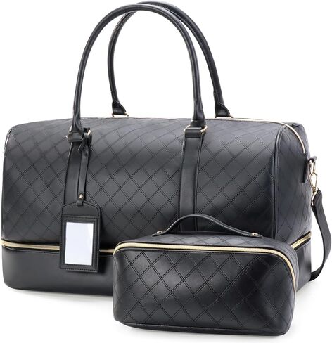 Oflamn Weekender Bags for Women Leather Travel Duffle Bag Large Capacity Overnight Bag with Toiletry Bag and Shoe Compartment Black in Kuwait