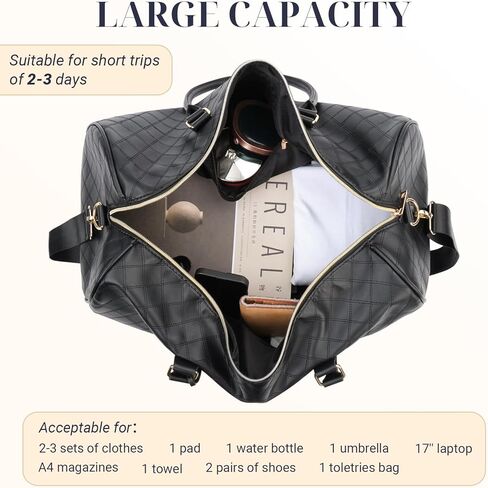 Oflamn Weekender Bags for Women Leather Travel Duffle Bag Large Capacity Overnight Bag with Toiletry Bag and Shoe Compartment Black in Kuwait