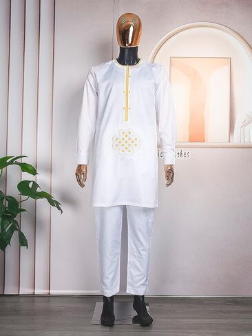 HD أفريقيا الرجال الملابس السادة التطريز أعلى القميص والسراويل Dashiki الزي in Kuwait