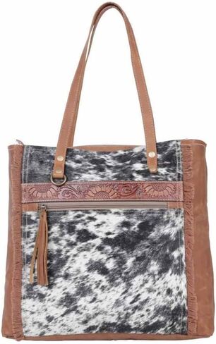 Myra Bag Cowhide Purse - Oakley Specks Cowhide Purses for Women with Floral Tooled Leather Accent, Cow Hide Purse and Canvas Tote, Cowhide Fringe Purse, Western Gifts for Women in Kuwait