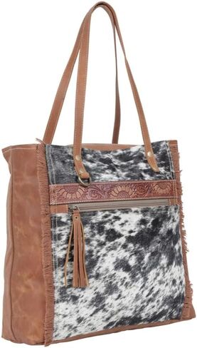 Myra Bag Cowhide Purse - Oakley Specks Cowhide Purses for Women with Floral Tooled Leather Accent, Cow Hide Purse and Canvas Tote, Cowhide Fringe Purse, Western Gifts for Women in Kuwait