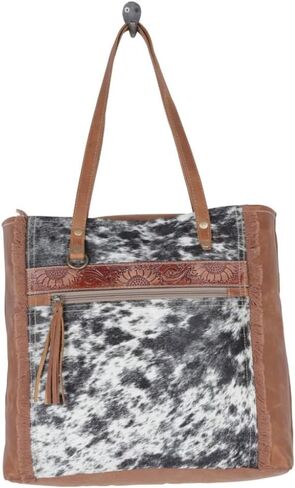 Myra Bag Cowhide Purse - Oakley Specks Cowhide Purses for Women with Floral Tooled Leather Accent, Cow Hide Purse and Canvas Tote, Cowhide Fringe Purse, Western Gifts for Women in Kuwait