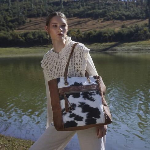 Myra Bag Cowhide Purse - Oakley Specks Cowhide Purses for Women with Floral Tooled Leather Accent, Cow Hide Purse and Canvas Tote, Cowhide Fringe Purse, Western Gifts for Women in Kuwait
