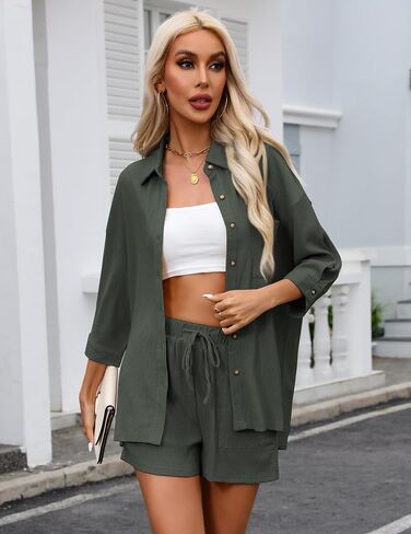 JiniGolla Womens Casual 2 Piece Lounge Set Button Down Shirts and Drawstring Shorts Matching Outfits Set Summer Tracksuit in Saudi Arabia