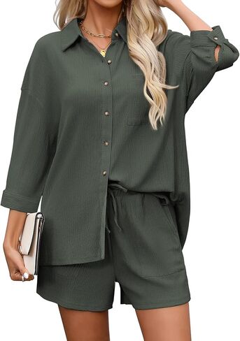 JiniGolla Womens Casual 2 Piece Lounge Set Button Down Shirts and Drawstring Shorts Matching Outfits Set Summer Tracksuit in Saudi Arabia