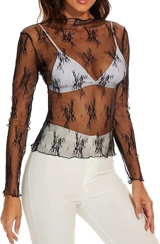 Mesh Long Sleeve Top, Floral Embroidery Mock Neck Sheer Top Sexy Mesh Layering See Through Tee Shirts for Women Clubwear in Saudi Arabia