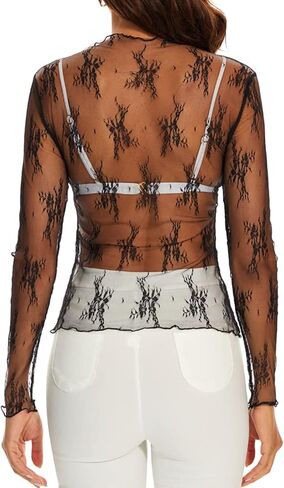 Mesh Long Sleeve Top, Floral Embroidery Mock Neck Sheer Top Sexy Mesh Layering See Through Tee Shirts for Women Clubwear in Saudi Arabia