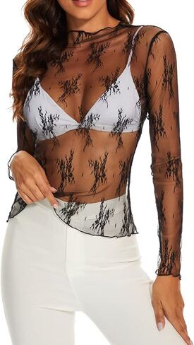 Mesh Long Sleeve Top, Floral Embroidery Mock Neck Sheer Top Sexy Mesh Layering See Through Tee Shirts for Women Clubwear in Saudi Arabia