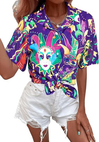 ماردي غرا قميص هاواي تي شيرت المرأة الشارع كرنفال تحت عنوان أقنعة الجرافيك المحملة عطلة الشاطئ بلوزات قصيرة الأكمام زر حتى القمم in Kuwait