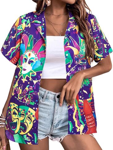 ماردي غرا قميص هاواي تي شيرت المرأة الشارع كرنفال تحت عنوان أقنعة الجرافيك المحملة عطلة الشاطئ بلوزات قصيرة الأكمام زر حتى القمم in Kuwait