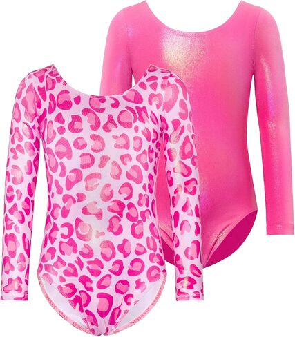 مجموعة من قطعتين من ملابس الجمباز للفتيات مقاس 7-8 سنوات من العمر سباركلي هوت بينك ملابس طويلة الأكمام للتمرين الاحترافي، ملابس داخلية لامعة باللون الوردي الفهد للأطفال، وحدة رياضية in Kuwait