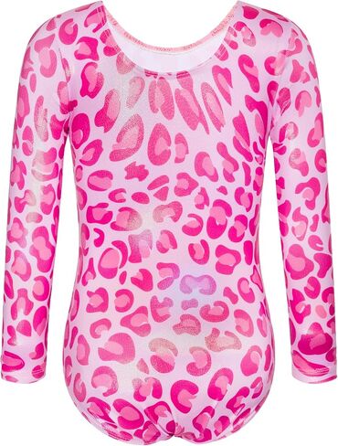 مجموعة من قطعتين من ملابس الجمباز للفتيات مقاس 7-8 سنوات من العمر سباركلي هوت بينك ملابس طويلة الأكمام للتمرين الاحترافي، ملابس داخلية لامعة باللون الوردي الفهد للأطفال، وحدة رياضية in Kuwait