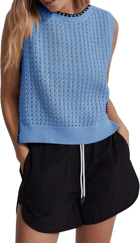 Saodimallsu Womens Summer Sleeveless Tank Tops Casual Crewneck Crochet Knit Color Block Side Split Loose Shirts in Saudi Arabia