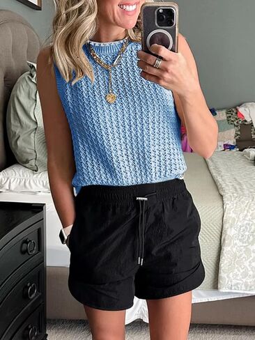 Saodimallsu Womens Summer Sleeveless Tank Tops Casual Crewneck Crochet Knit Color Block Side Split Loose Shirts in Saudi Arabia