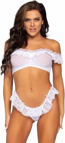 Leg Avenue Women's 2 Pc Lace Ruffle Off The Shoulder Set with Point D'Esprit Crop Top, Thong Panty, White, One Size in Saudi Arabia