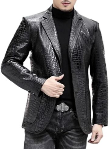 Men's Power Look Black Crocodile Pattern Genuine Leather Blazer Jacket in Saudi Arabia