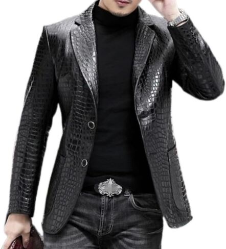 Men's Power Look Black Crocodile Pattern Genuine Leather Blazer Jacket in Saudi Arabia