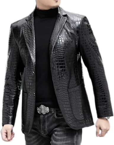 Men's Power Look Black Crocodile Pattern Genuine Leather Blazer Jacket in Saudi Arabia