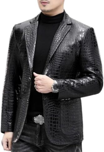 Men's Power Look Black Crocodile Pattern Genuine Leather Blazer Jacket in Saudi Arabia