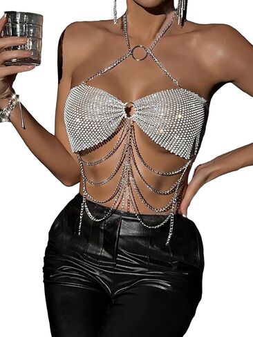 SOLY HUX Women's Rhinestone Halter Neck Top Glitter Sexy Party Clubwear Camisole Crop Tops in Saudi Arabia